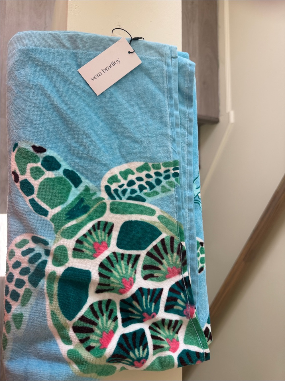 Vera Bradley Light Blue Turtle Print Beach Towel with Green & Pink Accents
